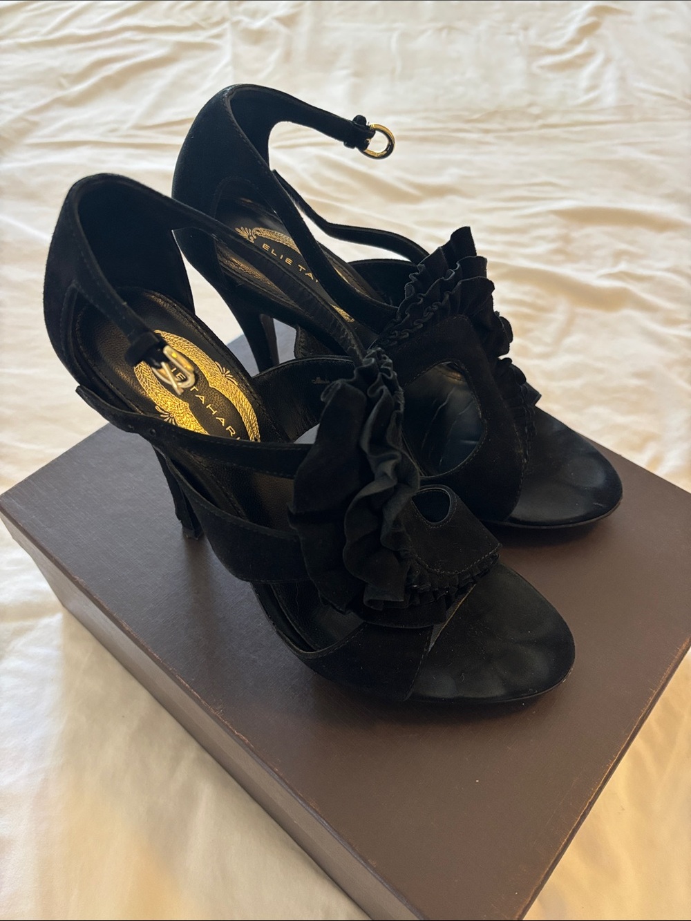 Elie Tahari Black Ruffled Suede Women's Heels